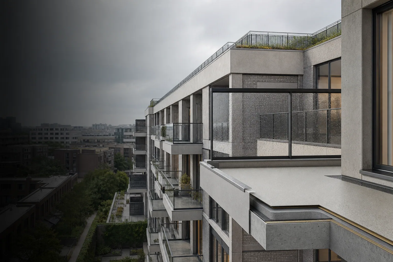 Illustratieve polyurea balkonvloer met waterdichte detaillering