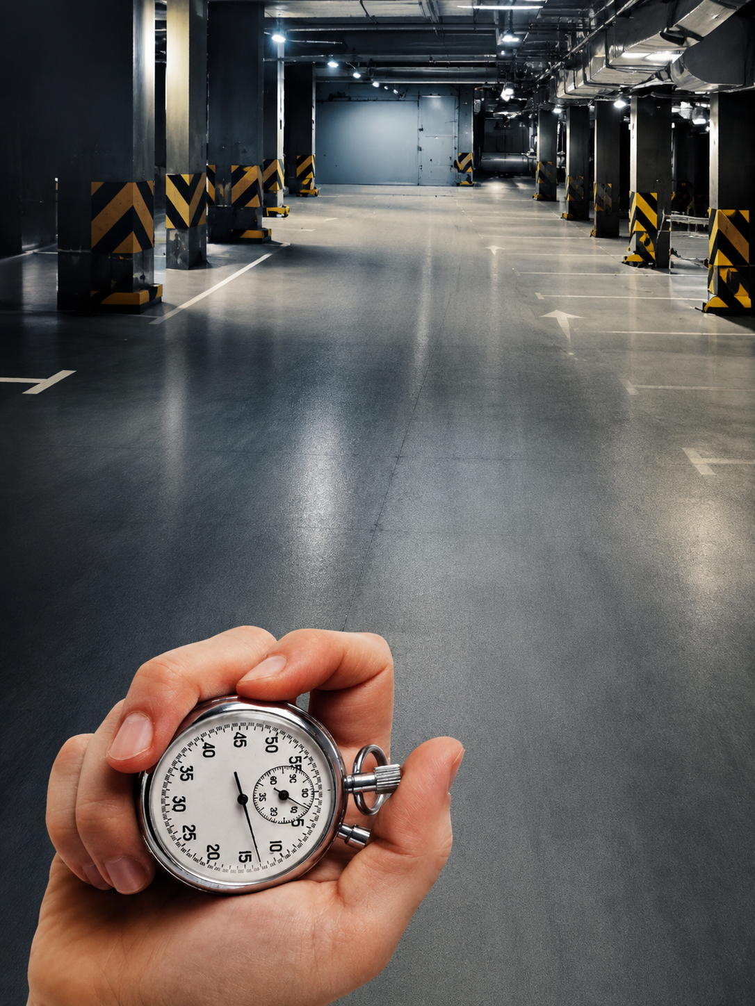 Bedrijfsvloer en stopwatch als beeld voor een korte renovatieplanning