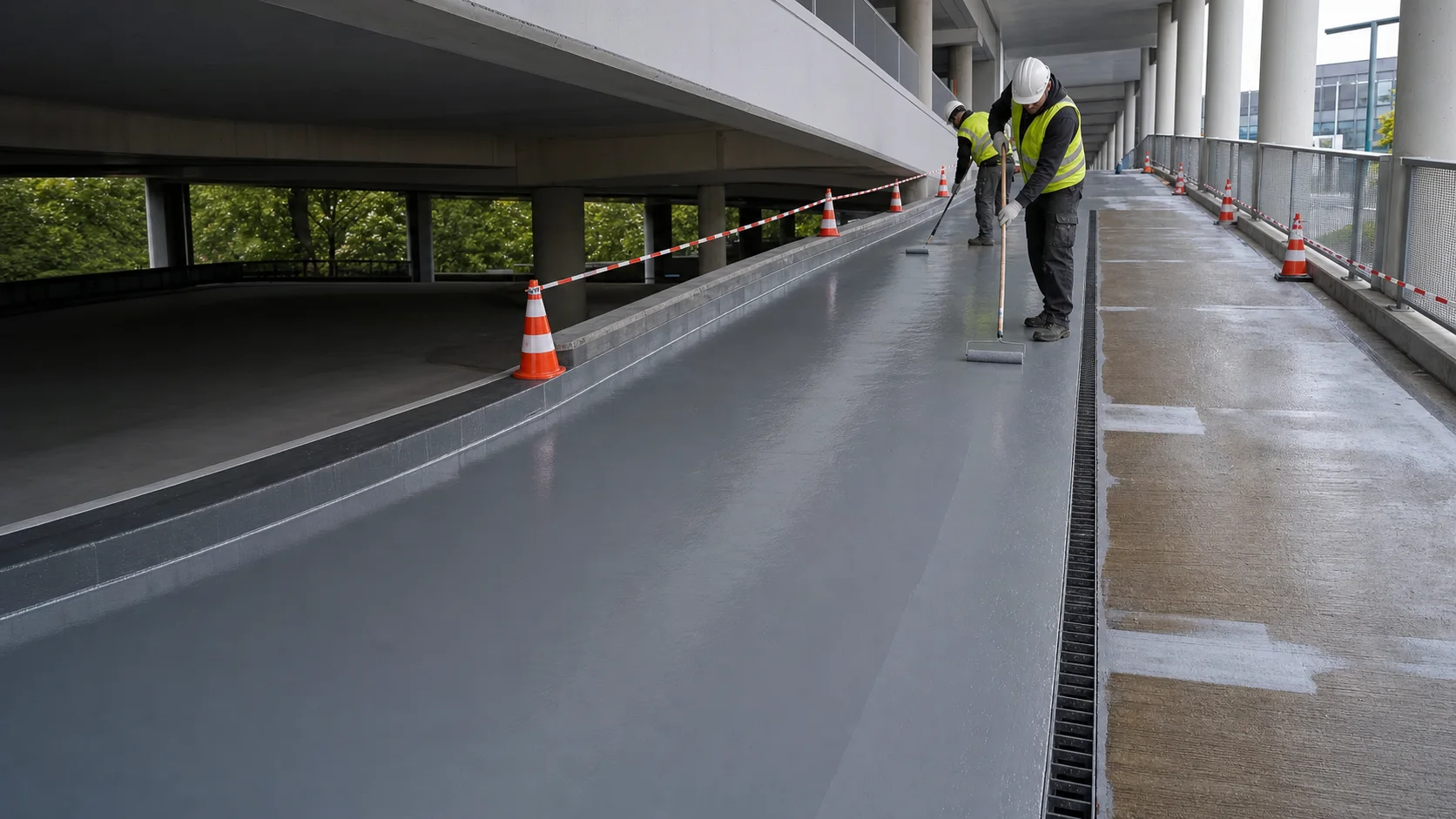 Illustratieve waterdichte systeemopbouw voor een parkeerdek